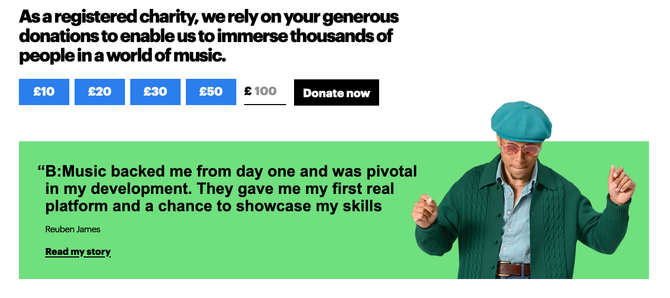 Screenshot of donations widget which reads "As a registered chairty, we rely on your generous donations to enable us to immerse thousands of people in a world of music" Beneath this are buttons showing £10, £20, £30, £50 and an 'other amount' field alongside a 'Donate now' button