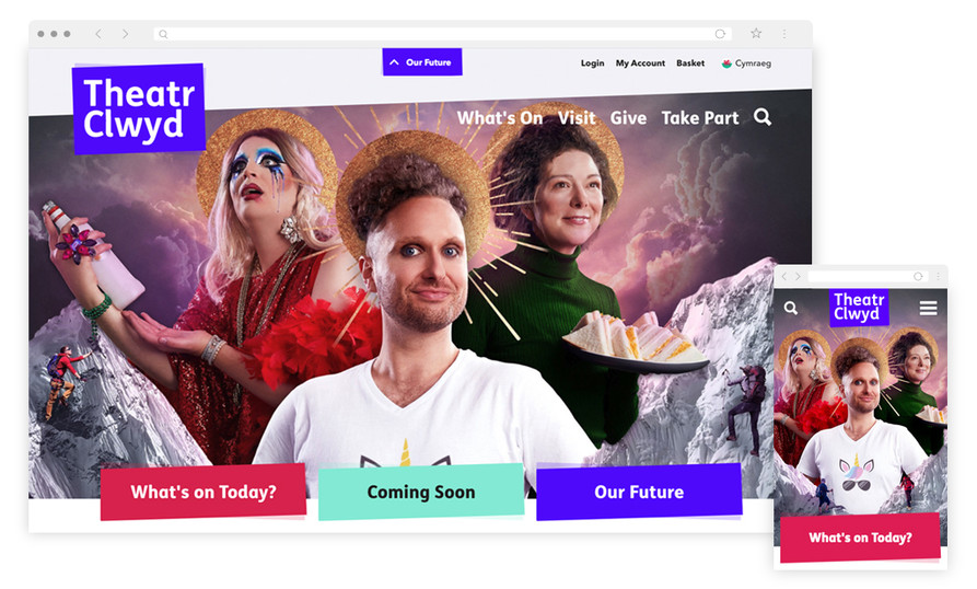 Theatr Clwyd website homepage on desktop and mobile