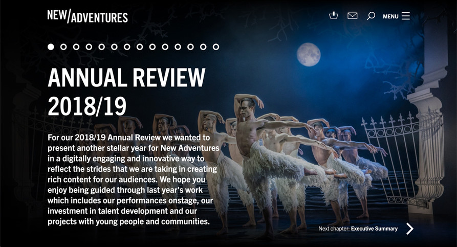 New Adventures' digital annual review cover page. Shows intro text over a full-page image of Swan Lake