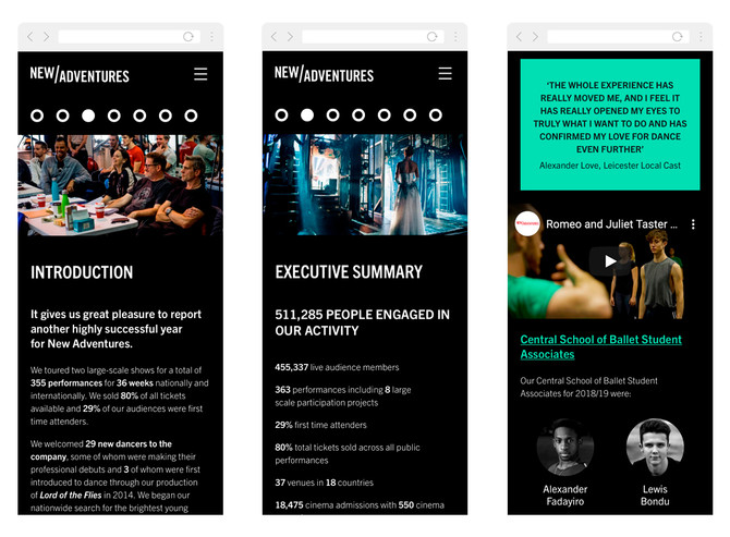 Three mobile views of an intro page, Executive Summary and Talent Development chapters