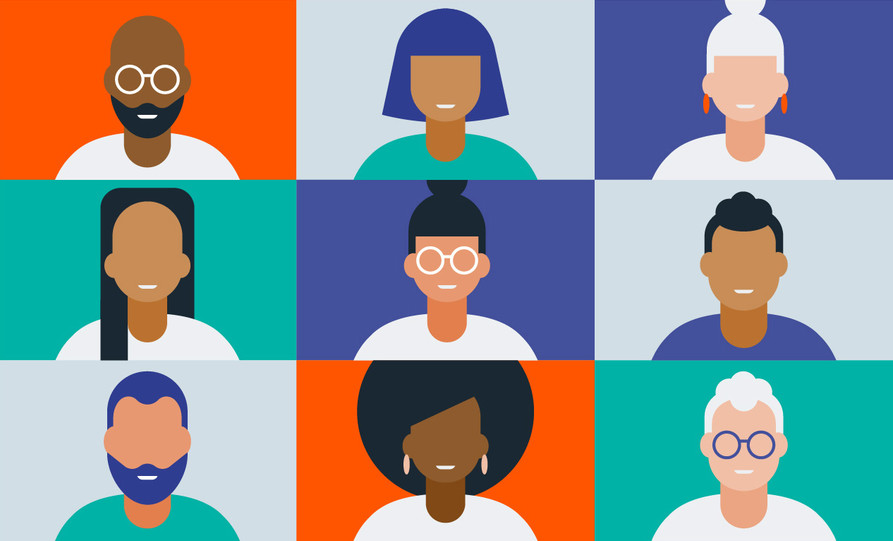 Arts in lockdown illustration Illustrated grid of 9 abstract person-like shapes - depicting different ethnicities and genders
