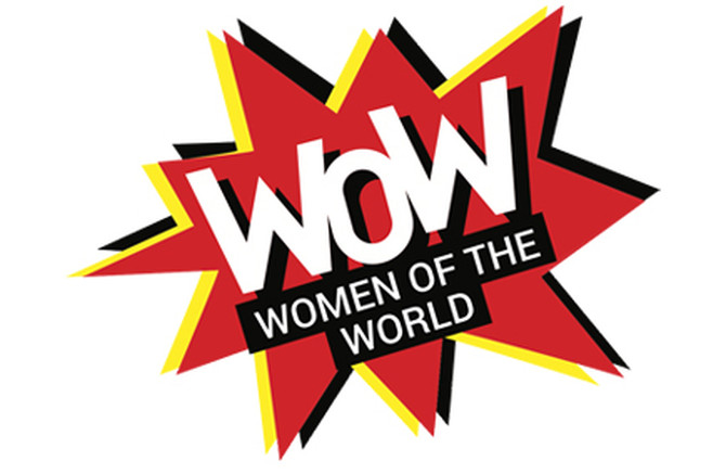 WOW – Women of the World – logo; red yellow and black stylised 'explosion' shapes, with "WOW Women of the World" text on top