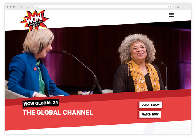 Screengrab of Jude Kelly and Angela Davis in conversation; under which are 'Donate' and 'Watch' button prompts