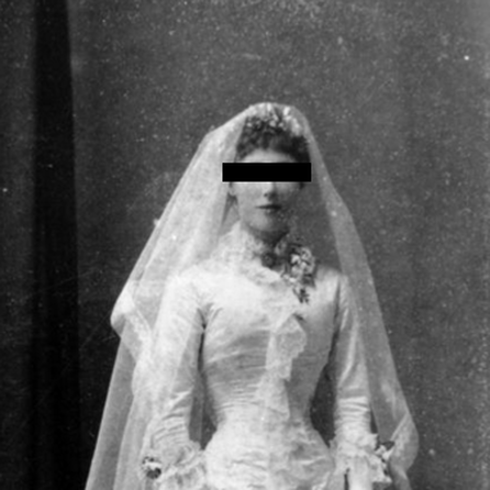 Miss h thumbnail 1 Black and white photo of a Victorian/Edwardian era bride; her eyes redacted with a black rectangle