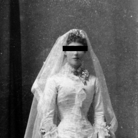 Black and white photo of a Victorian/Edwardian era bride; her eyes redacted with a black rectangle