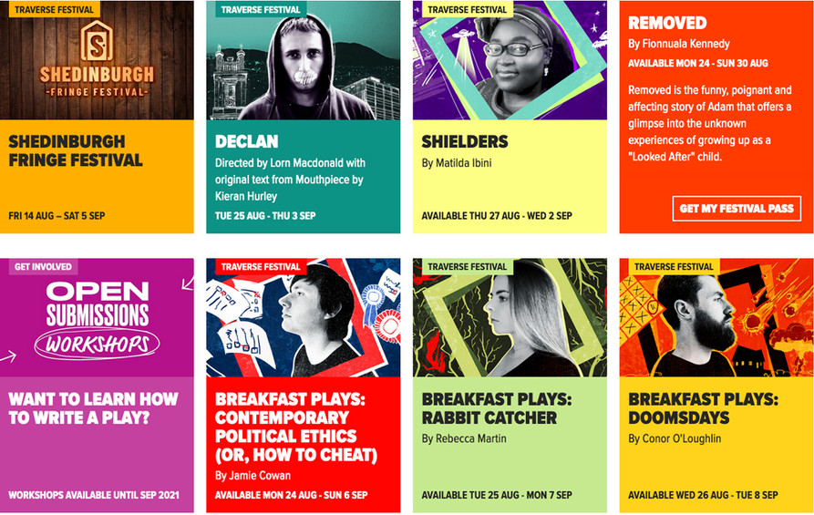 Screengrab of 8 colourful event cards from the Traverse Theatre website