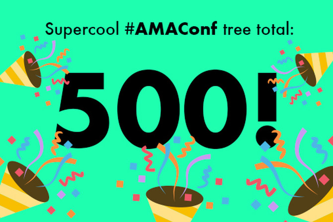 Text reads: Supercool #AMAConf tree total: 500!" – with emoji party poppers dotted around, making the text look jolly and celebratory