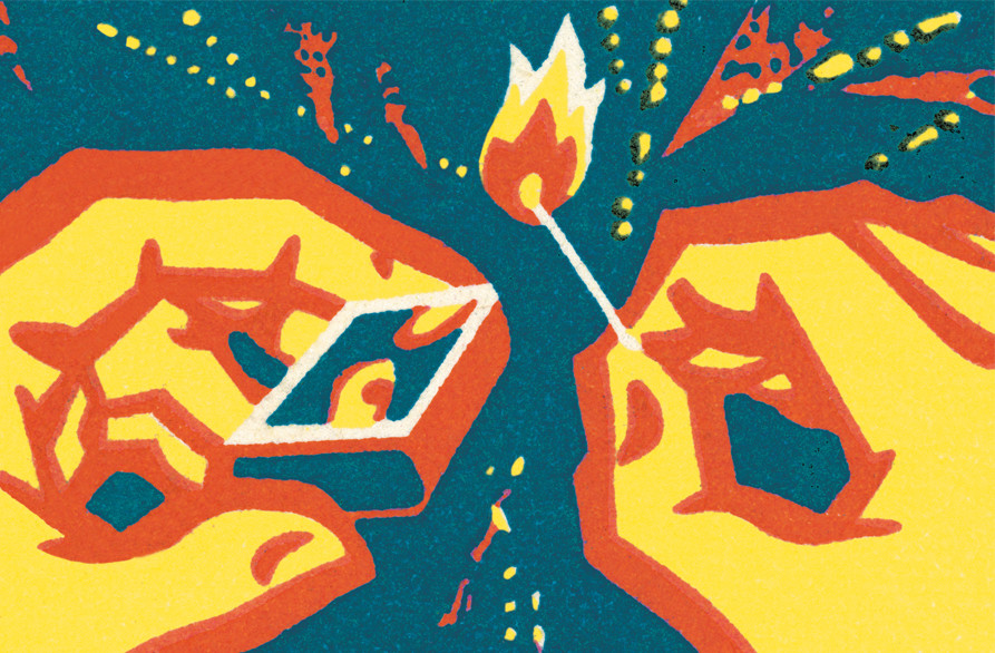 Supercool 15 Header colourful, stylised illustration of two hands striking a match