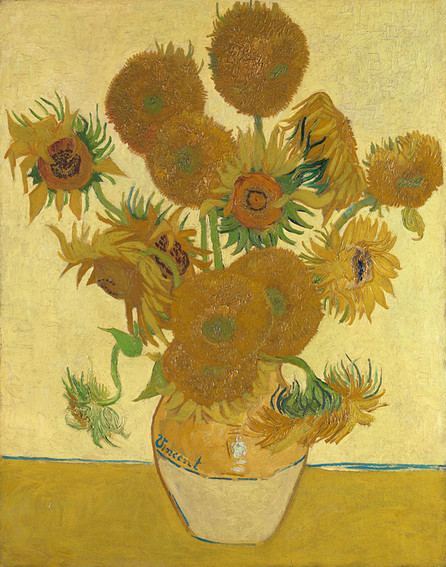 Impressionist-style painting (using many tones of yellow and some green) of a ceramic, bulb-shaped vase filled with 15 sunflowers