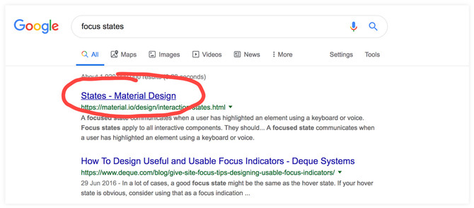 Screengrab of Google results for 'focus state' showing the first result underlined; therefore indicating focus