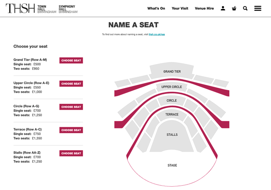 An image of an auditorium with different areas such as Stalls and Circle. On the left hand side is a list of areas and prices for naming a seat. For example, The Grand Tier costs £500 for a single seat or £950 for two