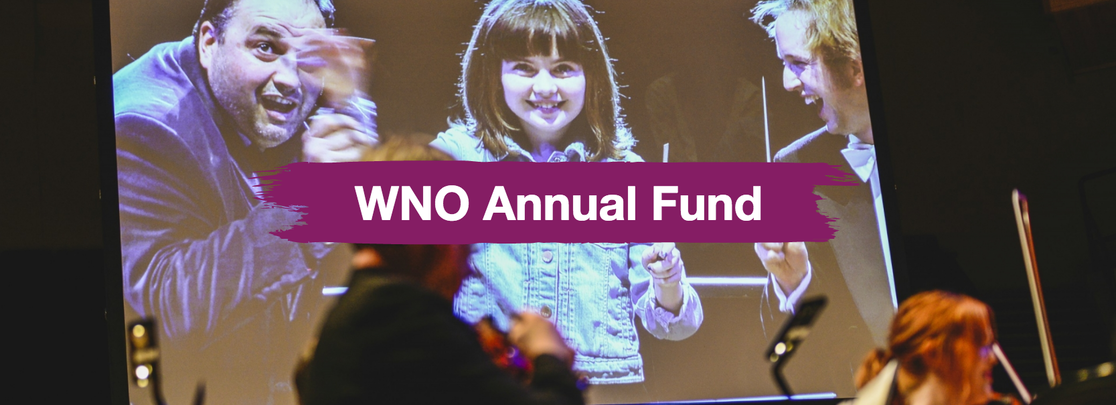 Welsh National Opera's support page shows a brushstroke effect over an image of a kid and two musicians. The text says "WNO Annual Fund"