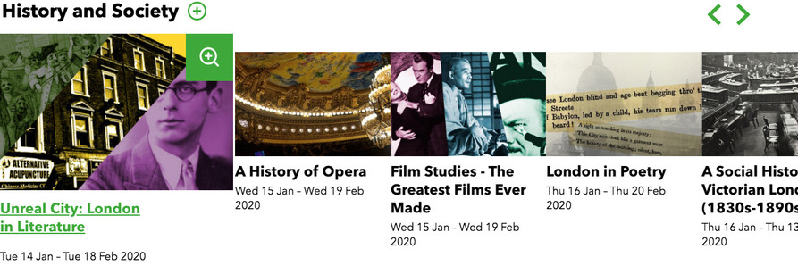 Example category 'History and Society' shows a row of card listings, featuring an image, title and date range