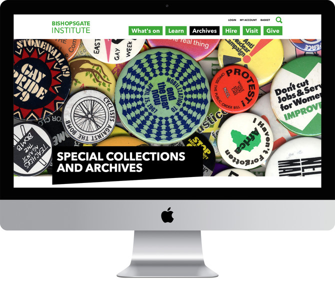 Mock-up of the Archive landing page, showing a huge image of protest badges; part of the Bishopsgate Institute Archives