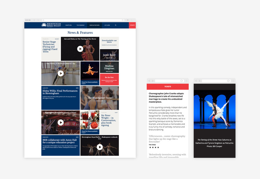 Birmingham Royal Ballet's website news page (desktop view) and an event page and image gallery on mobile