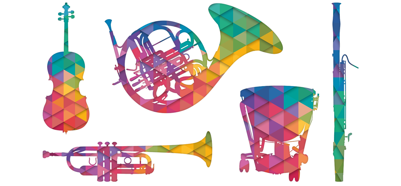 Illustrations of trumpet, tuba, cello, bassoon, timpani and french horn, filled with a multi-coloured, tessellated triangle pattern that's very bright and jolly