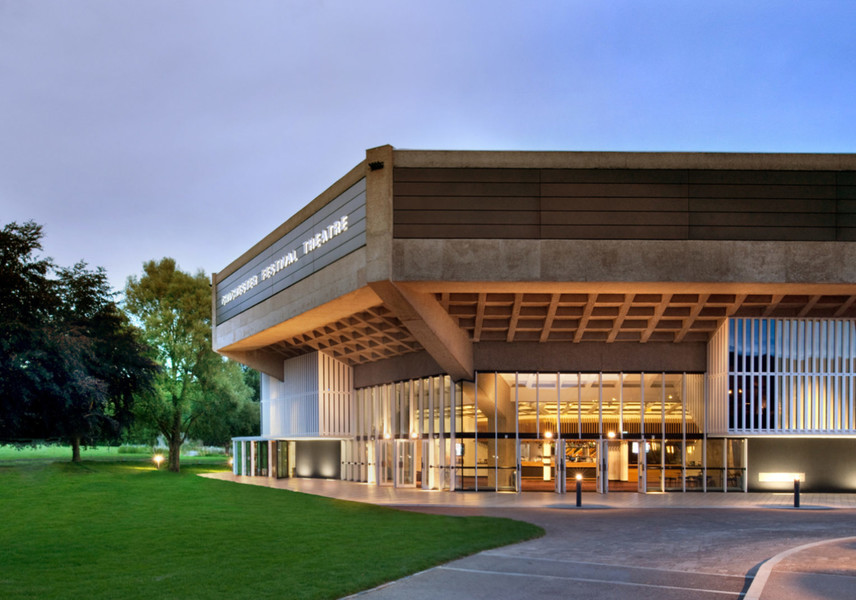 Chichester Festival Theatre Philip Vile Exterior view of Chichester Festival Theatre at dusk