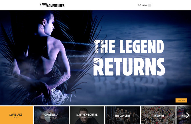 New Adventures website homepage, with large video trailer for Swan Lake